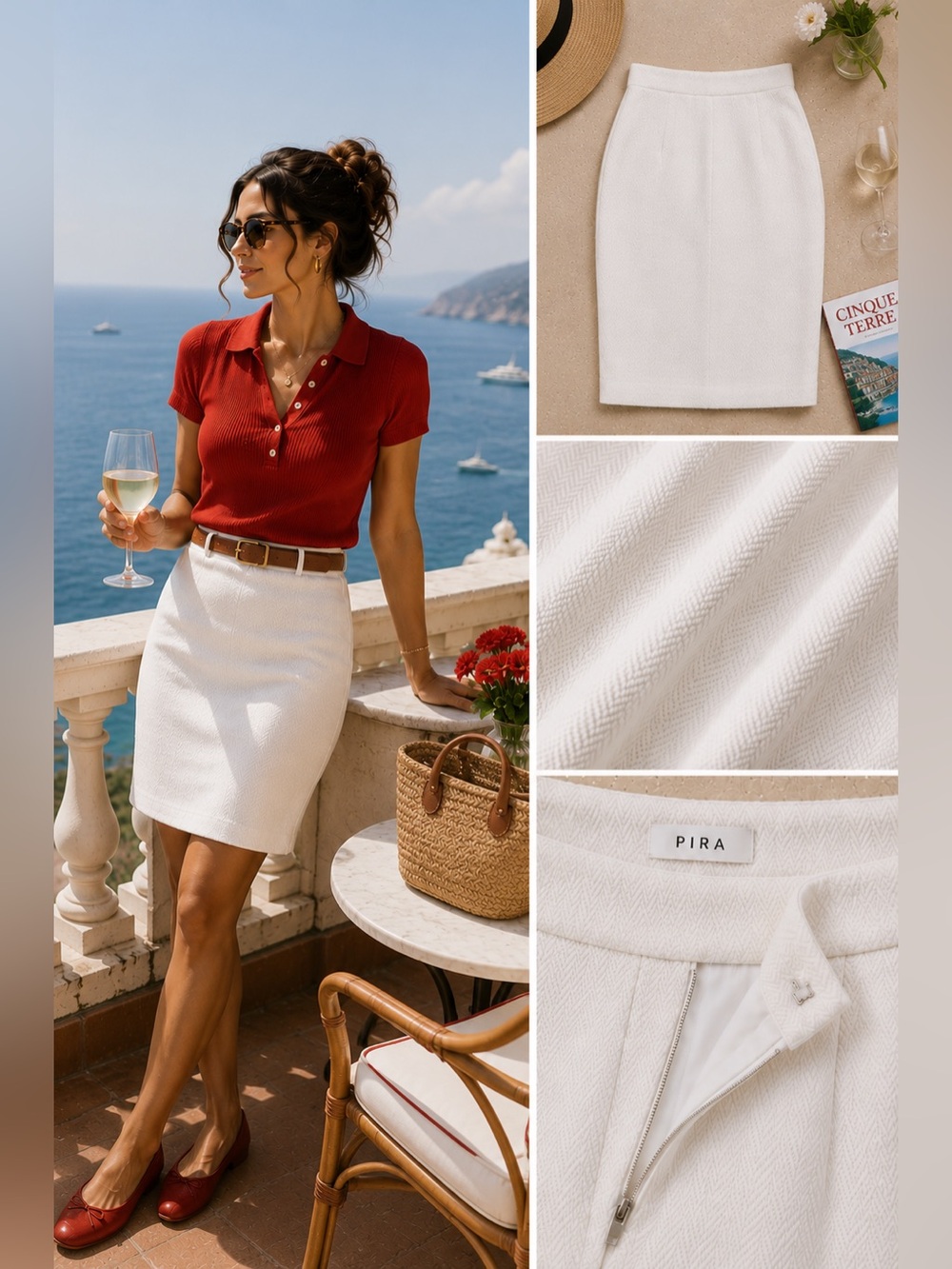 Pira White Textured Pencil Skirt Size 8 Herringbone Quiet Luxury Career